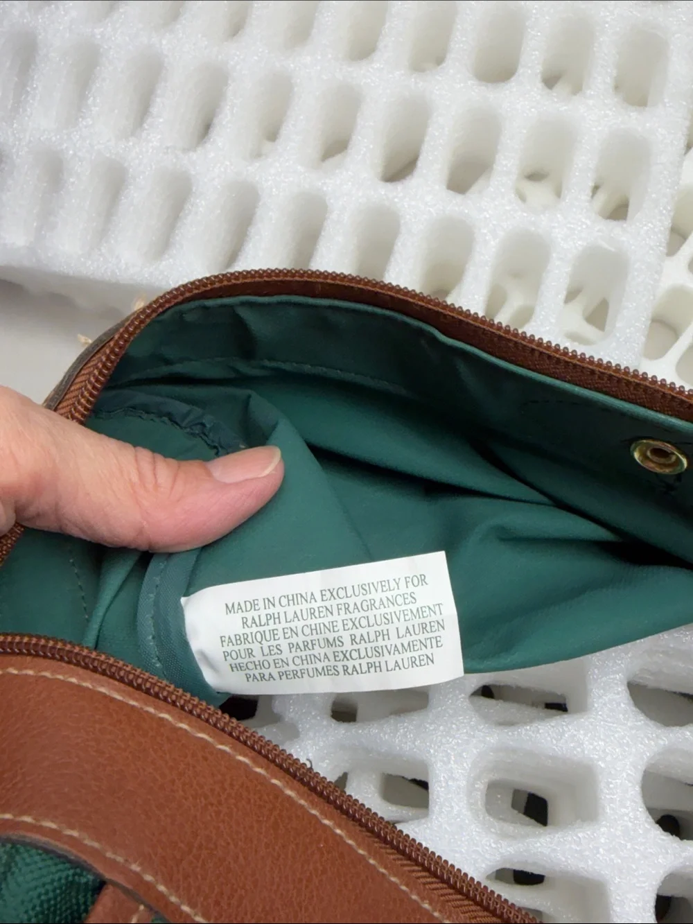 Ralph Lauren Green Canvas Messenger Bag with Brown Leather Trim.